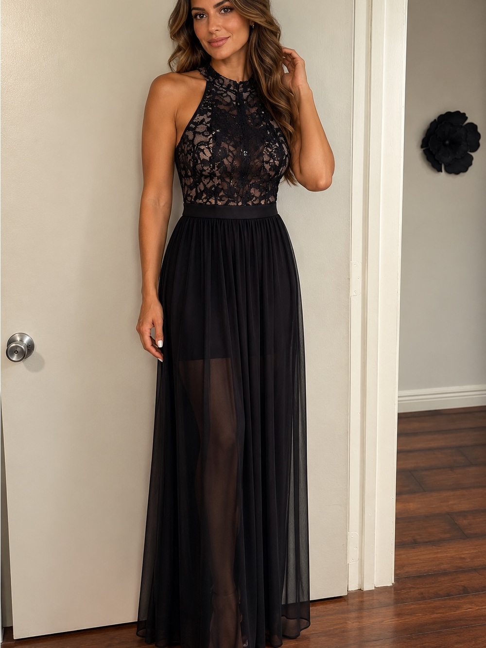 Morgan & Co. Black Lace Halter Maxi Dress